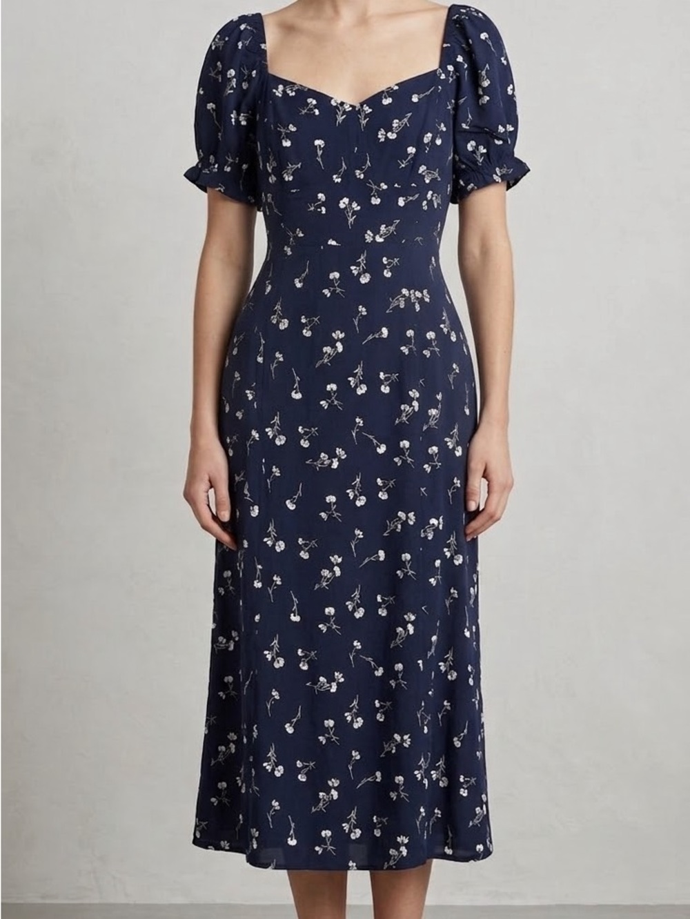 Navy Floral Puff-Sleeve Midi Dress